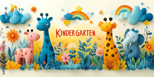 Abstract background. A delightful kindergarten-themed wallpaper featuring playful giraffes, elephants, clouds, rainbows, and flowers in soft pastel tones. Perfect for early childhood education