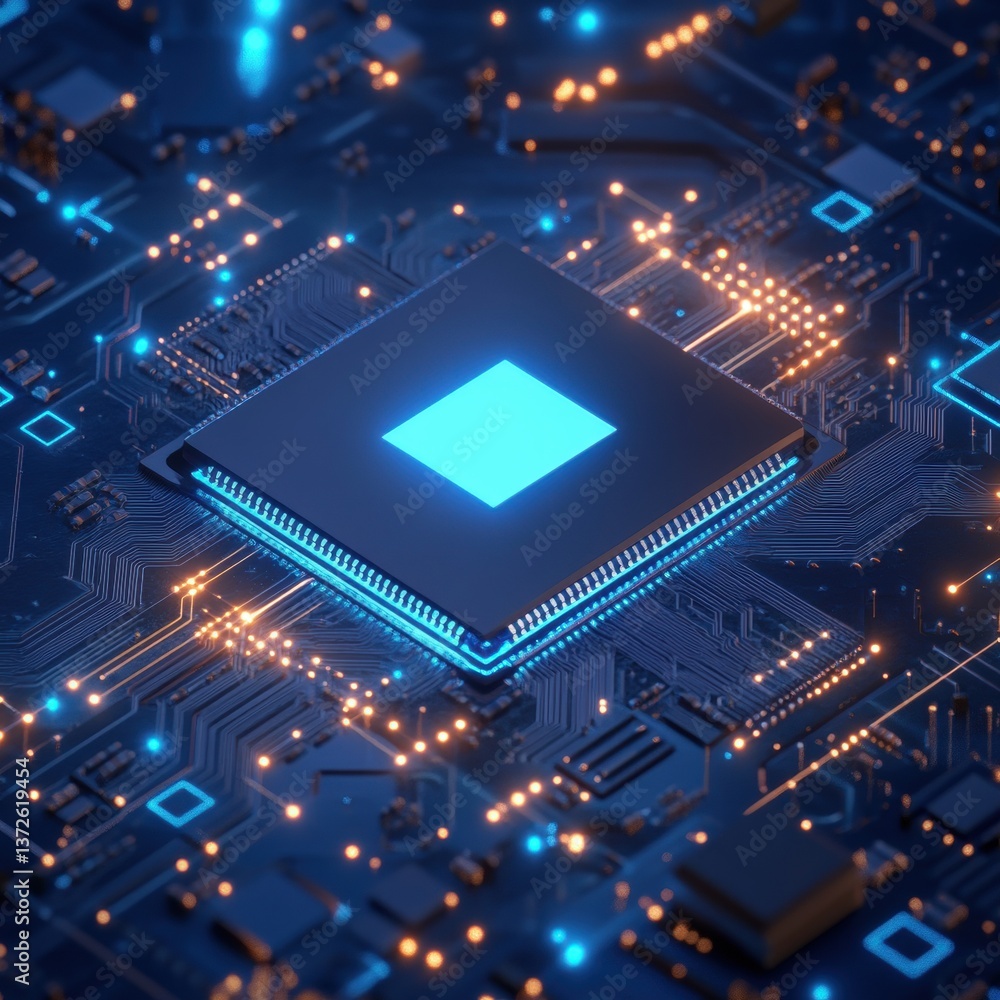Futuristic cpu chip glowing on a dark blue background surrounded by intricate circuit patterns and technology elements Futuristic cpu chip glowing on a dark blue background surrounded by intricate circuit patterns and technology elements
