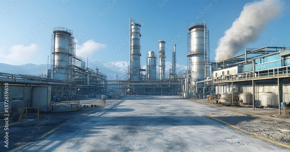 Obraz premium A large industrial facility with tall towers and a clear blue sky