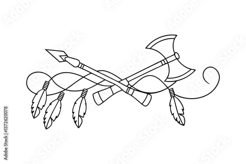Crossed Native American Spear and Axe with Feathers