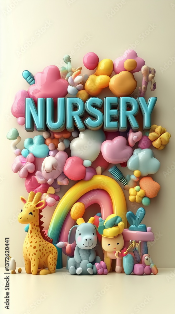 Naklejka premium Abstract background. A charming nursery-themed wallpaper featuring playful giraffes, elephants, colorful clouds, rainbows, and flowers in soft pastel tones. Cheerful and warm atmosphere for baby rooms