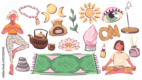 Esoteric and yoga meditation cartoon set. Funny tree and lotus yoga pose of woman, sun and moon, Om mantra with pattern, oil lamp. Harmony, meditating mascot, cartoon collection vector illustration