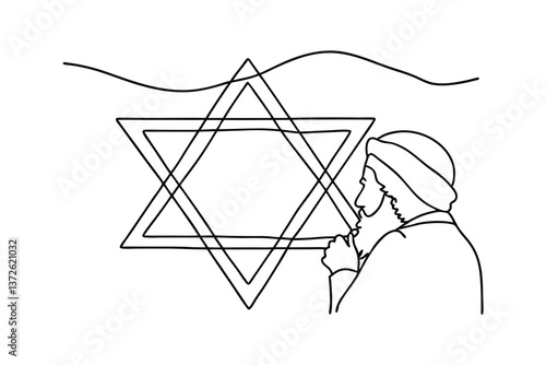 Jewish Man Praying, Star of David, Simple Line Art Drawing