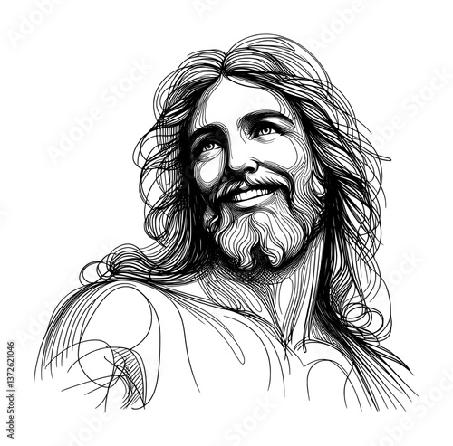 lineart sketch drawing - jesus christ smile and happy face (artwork 1)