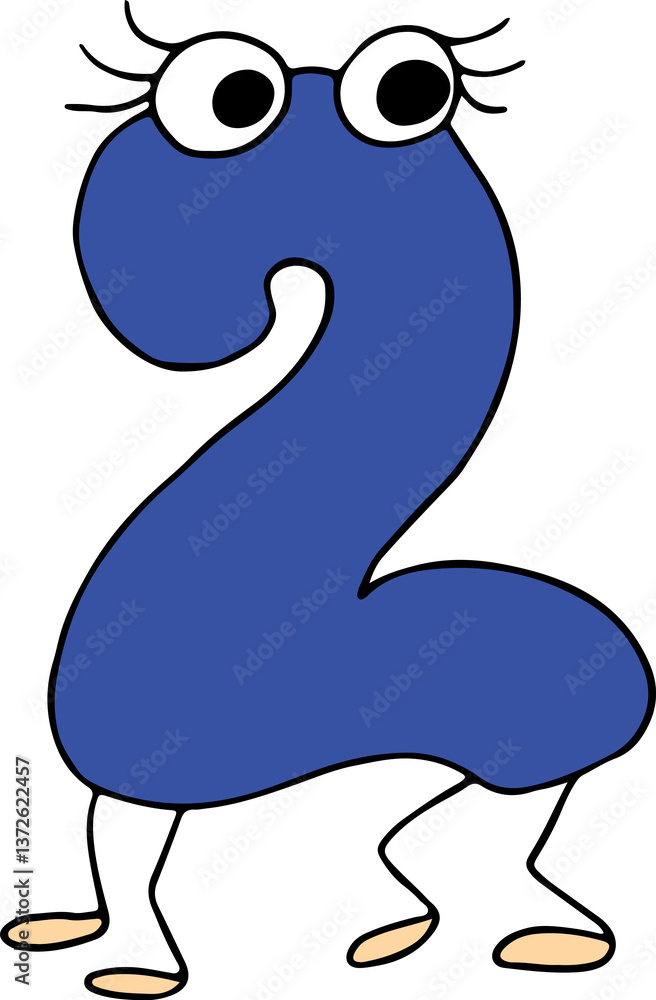 funny blue number two drawn with black lines in grunge style with eyes with eyelashes and four legs funny blue number two drawn with black lines in grunge style with eyes with eyelashes and four legs