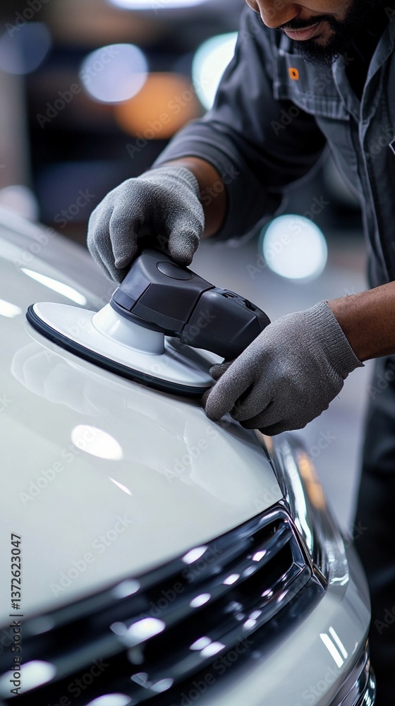 Professional detailing of luxury vehicle surface with precision orbital polisher in automotive workshop setting