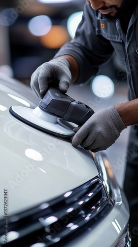 Obraz na płótnie Professional detailing of luxury vehicle surface with precision orbital polisher in automotive workshop setting w salonie