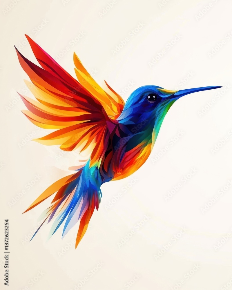 Vibrant hummingbird in flight artistic rendering with bold colors and dynamic composition on light background Vibrant hummingbird in flight artistic rendering with bold colors and dynamic composition on light background