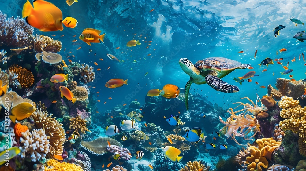 Fototapeta premium A massive coral reef teeming with exotic fish, sea turtles, and vibrant underwater plants