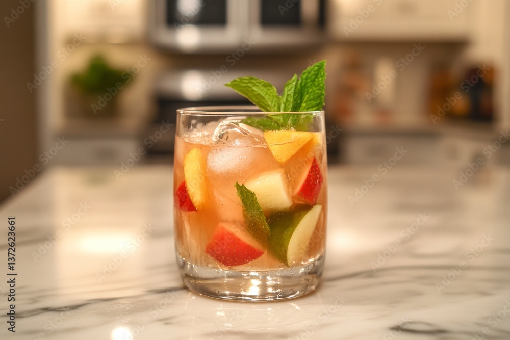 Refreshing fruit-infused water with mint garnish on marble countertop Refreshing fruit-infused water with mint garnish on marble countertop