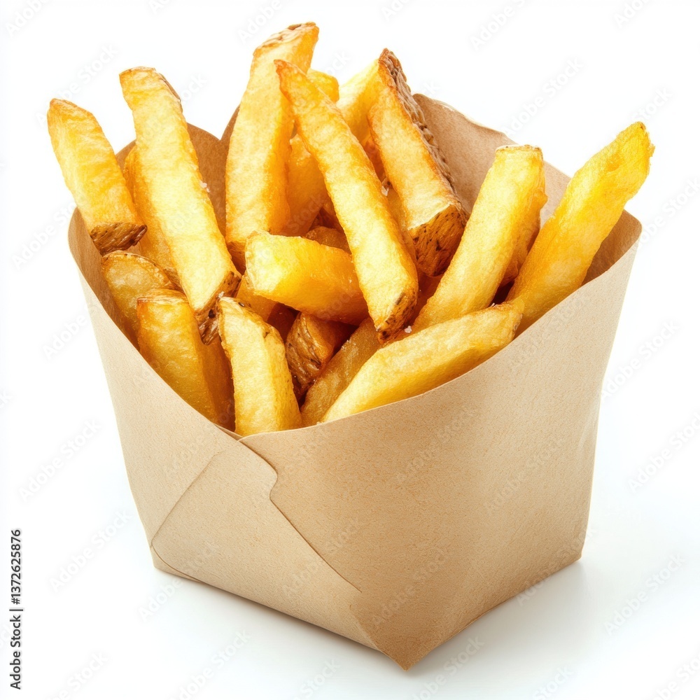 A basket filled with freshly cooked golden french fries perfectly presented on a white background for tempting appeal A basket filled with freshly cooked golden french fries perfectly presented on a white background for tempting appeal