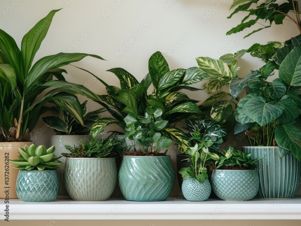 Fototapeta premium Serene collection of potted plants on a shelf casting soft shadows creating a cozy indoor atmosphere green foliage and textured pots in a natural light setting