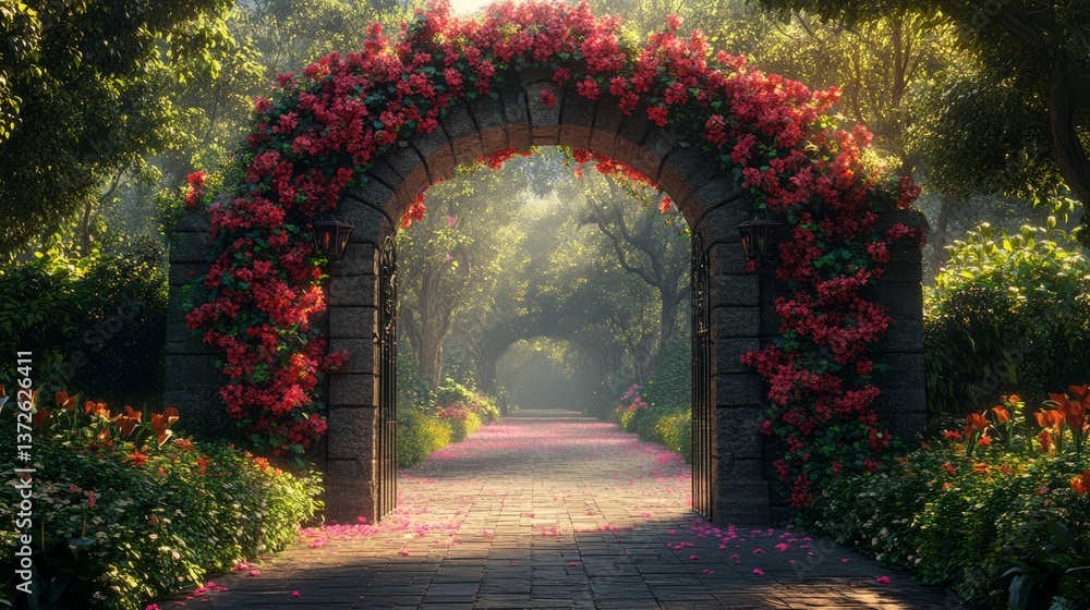 Fototapeta premium Enchanting Floral Archway In A Sunlit Garden. Dreamy Garden Gate With Roses And Inviting Path For Fairy Tale Or Romantic Theme.