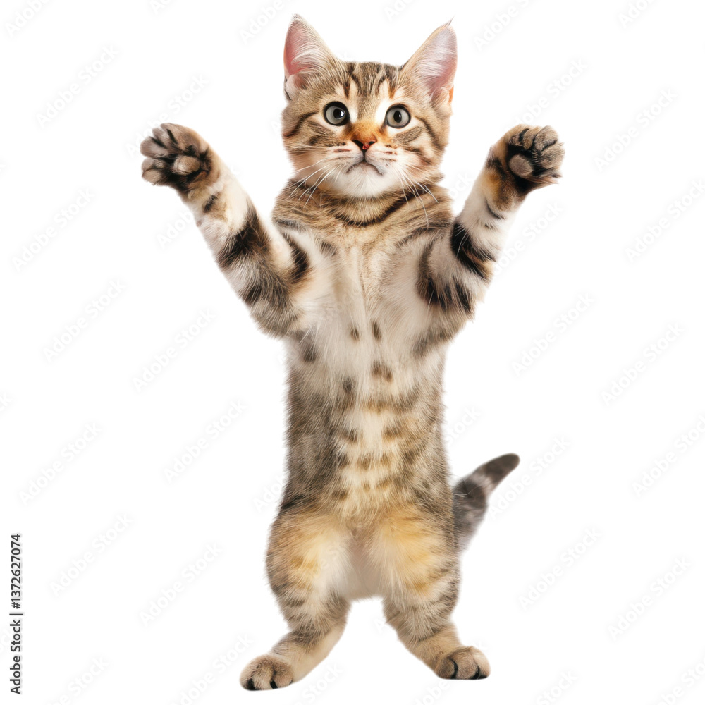 Obraz premium A playful cat stands on its hind legs with paws raised, displaying an energetic and curious demeanor.