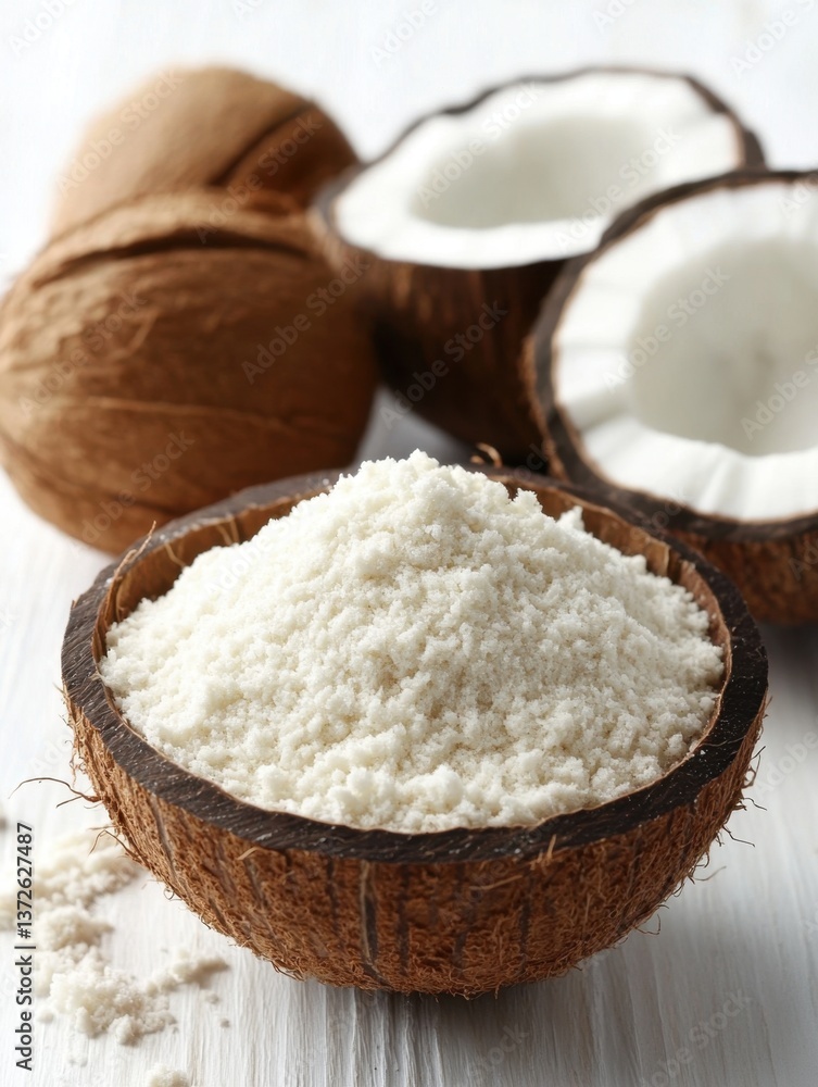 Fresh coconut flour in a coconut shell bowl on a white wooden table with whole and halved coconuts in soft focus background Fresh coconut flour in a coconut shell bowl on a white wooden table with whole and halved coconuts in soft focus background