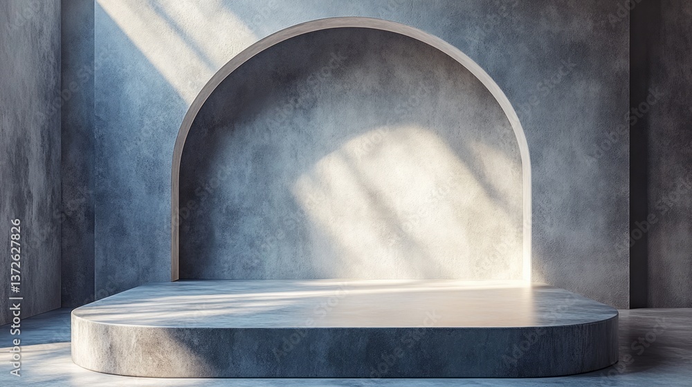 Concrete platform with archway illuminated by sunlight in a room Concrete platform with archway illuminated by sunlight in a room