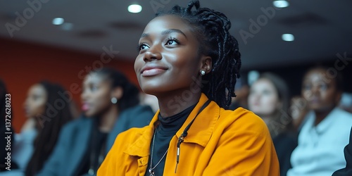 Woman listening conference event.