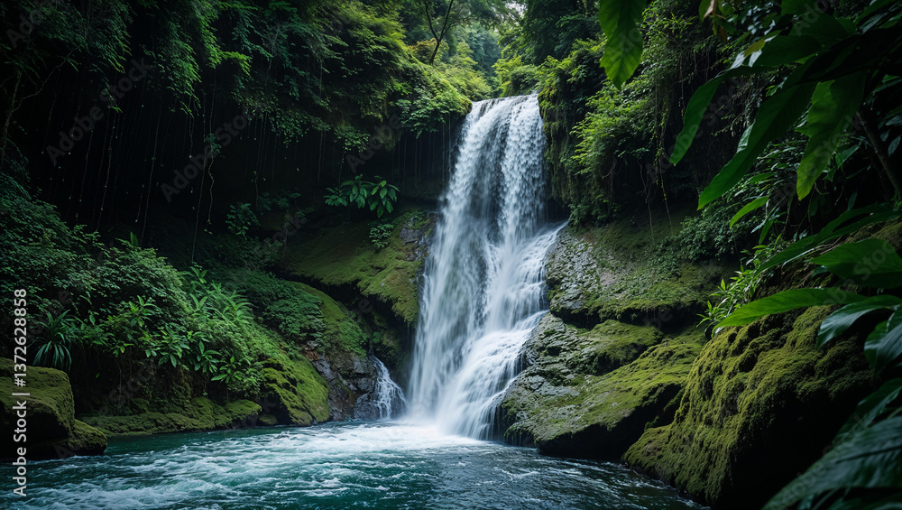 Naklejka premium A serene waterfall cascades through lush, vibrant rainforest, a hidden oasis of tranquility and untouched nature with deep green foliage and clear, cool water.