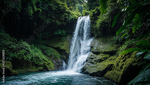 A serene waterfall cascades through lush, vibrant rainforest, a hidden oasis of tranquility and untouched nature with deep green foliage and clear, cool water.