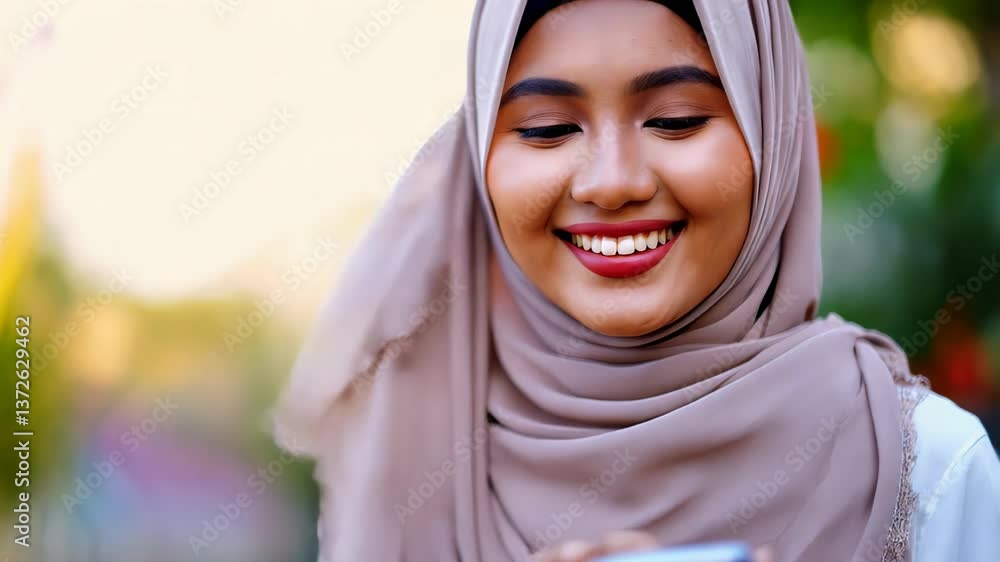 Smiling woman in hijab using smartphone outdoors in vibrant natural light
Smiling woman in hijab using smartphone outdoors in vibrant natural light