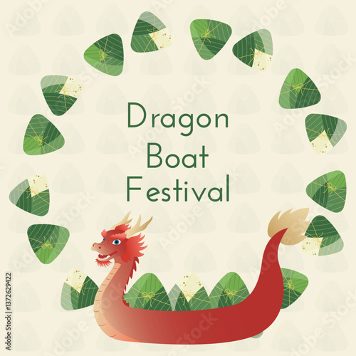 Dragon Boat Festival frame with decorative zongzi, rice and Dragon boat. Vector illustration for Duanwu Festival on pattern light green color background