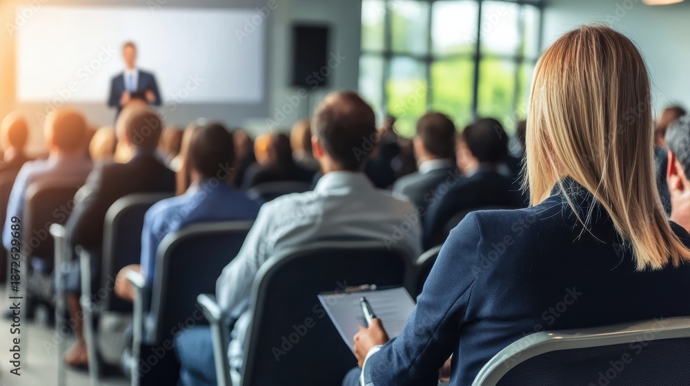 Business presentation attendees engaged in conference room discussion modern office meeting environment focused perspective Business presentation attendees engaged in conference room discussion modern office meeting environment focused perspective