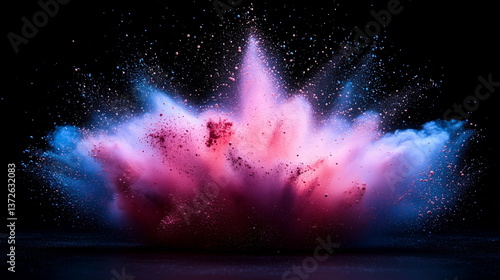Abstract background with a vibrant color explosion and dynamic dust particles isolated on a black background. A mesmerizing display of falling colored powder creating a dramatic visual effect.