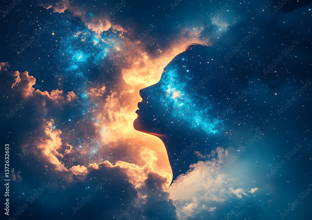 Fototapeta premium Woman profile in starry night sky