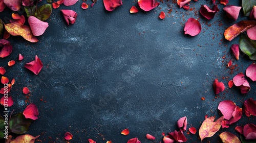 Beautiful Arrangement of Colorful Rose Petals on a Dark Textured Background for Romantic or Creative Designs
