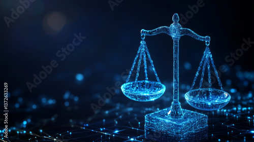 digital representation of balanced scale symbolizing justice and fairness, glowing in futuristic style. image conveys sense of technology and law