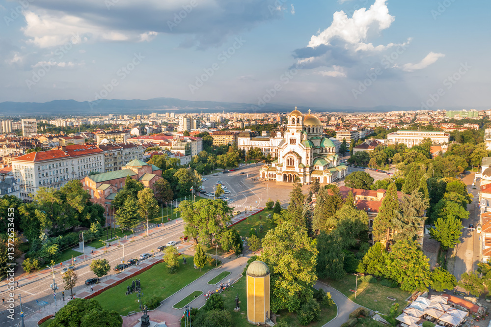 Fototapeta premium Aerial panorama of the city center and Church Alexander Nevsky, Sofia Bulgaria