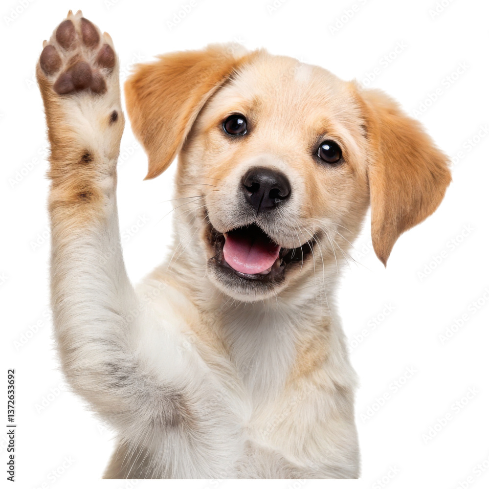 A cheerful puppy with a raised paw and a joyful expression, showcasing its playful and friendly demeanor. A cheerful puppy with a raised paw and a joyful expression, showcasing its playful and friendly demeanor.