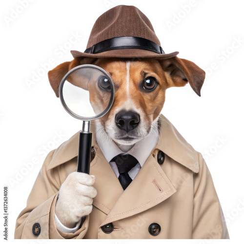 A dog dressed as a detective, wearing a trench coat and a fedora, holding a magnifying glass, exuding a curious and playful demeanor.