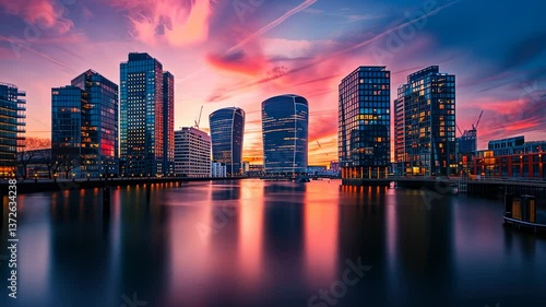 London Canary Wharf Sunset Reflection