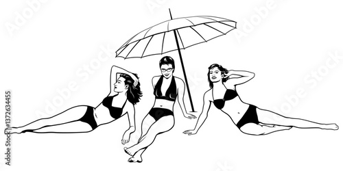 Women in Bikini lying on Beach Under Umbrella. Black and white vector cliparts isolated on white.