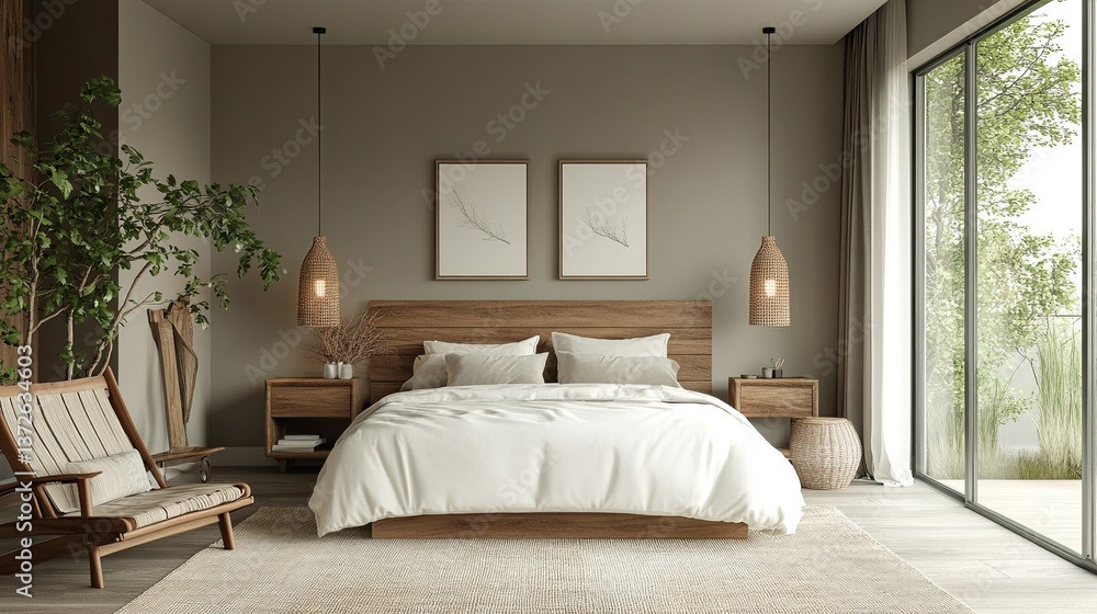 Modern bedroom with comfortable furniture and chair, offering a relaxed atmosphere. Modern bedroom with comfortable furniture and chair, offering a relaxed atmosphere.