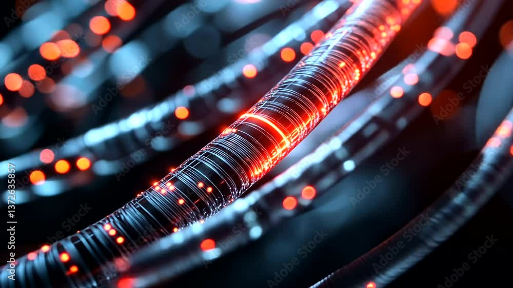 Abstract close-up of intertwined glowing cables, featuring bright colors and futuristic designs against a dark background. Abstract close-up of intertwined glowing cables, featuring bright colors and futuristic designs against a dark background.