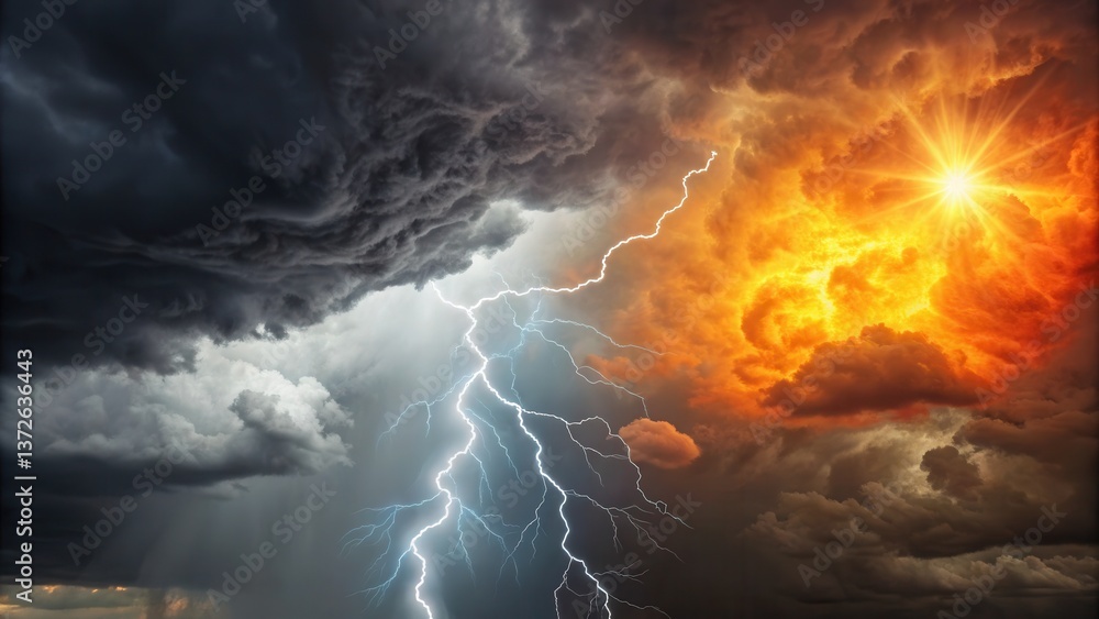 Environmental awareness day concept. Dramatic sky with contrasting storm clouds and sunlight breaking through. Environmental awareness day concept. Dramatic sky with contrasting storm clouds and sunlight breaking through.
