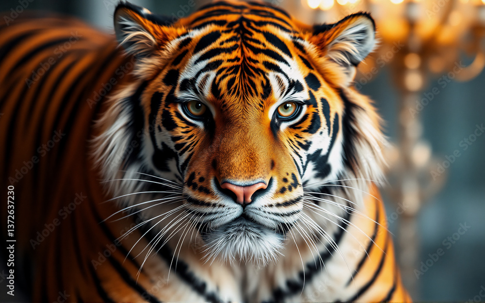 Fototapeta premium A striking tiger with vivid orange and black stripes gazes intently. Its piercing eyes are the focal point against a soft, opulent, indoor backdrop.