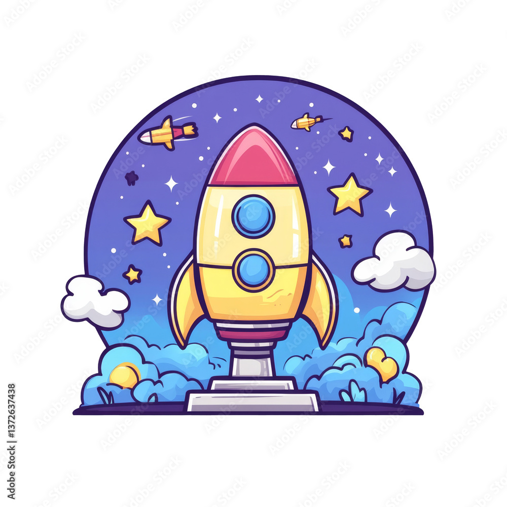 colorful rocket launching into space, surrounded by stars and clouds, evokes sense of adventure and exploration colorful rocket launching into space, surrounded by stars and clouds, evokes sense of adventure and exploration