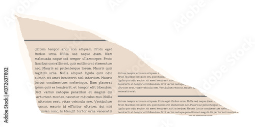 Collage newspaper ripped element. Trendy retro vintage paper cut, rip torn, notebook sheet. Old gazette news sheet for scrapbook. Isolated vector illustration on transparent background.