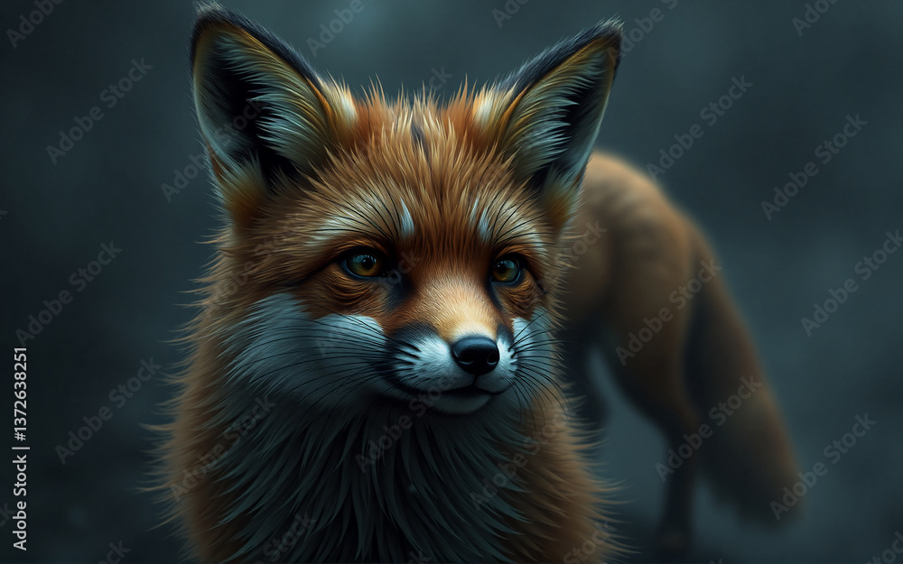Obraz premium Red fox with soft fur gazes directly. Blurred, dark backdrop highlights its orange and white coat. Nature portrait of a wild animal.