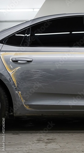 Damaged Silver Car: Close-up of Scratches and Dents on the Side of a Modern Silver Vehicle, Illustrating Car Accidents and the Need for Repair. Ideal for insurance, automotive repair services.