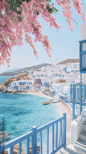 Beautiful beach view in mykonos with pristine white sand and crystal clear blue water under a soft pink sky