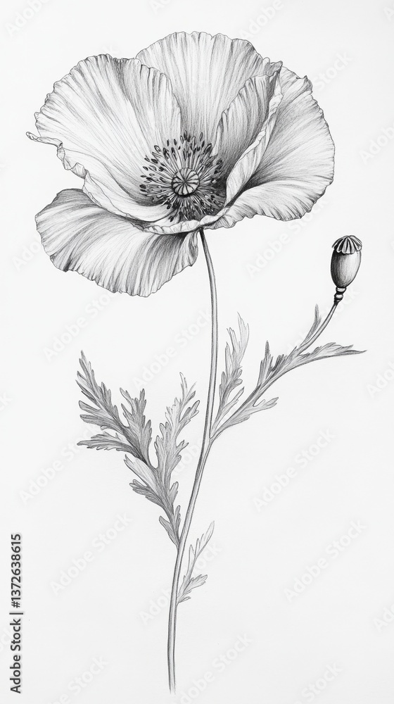 Fototapeta premium Delicate poppy flower illustration showcasing intricate details and graceful lines, representing beauty in nature and artistic expression, floral art concept