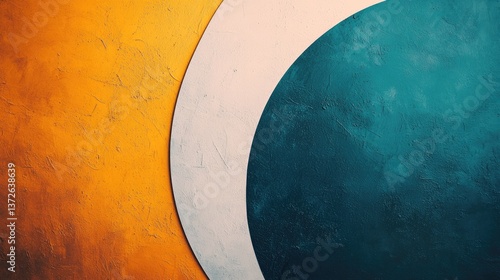 Vibrant Abstract Composition Featuring Bold Circular Shapes in Teal and White Against an Orange Background