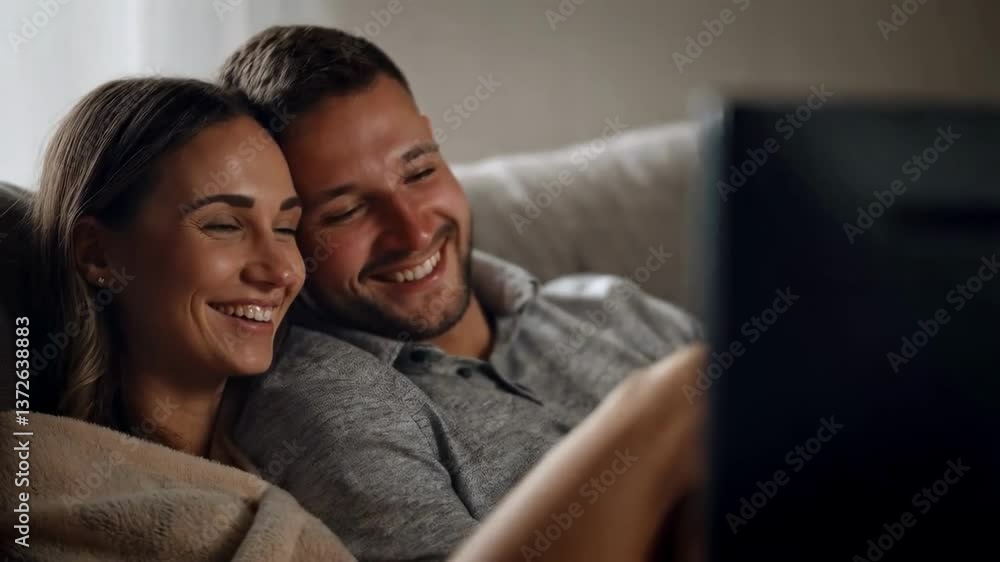 Happy couple watching tv covered by blanket on sofa Happy couple watching tv covered by blanket on sofa
