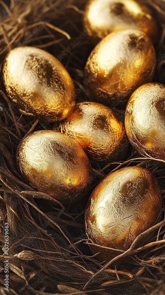 Golden eggs: A cluster of golden eggs nestled in a rustic bird's nest. Precious find or mythical treasure? Golden eggs: A cluster of golden eggs nestled in a rustic bird's nest. Precious find or mythical treasure?