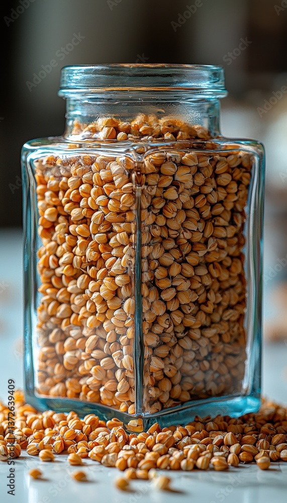 Transparent square glass container filled with whole peanuts on a white desktop creating a clean and simple look Transparent square glass container filled with whole peanuts on a white desktop creating a clean and simple look