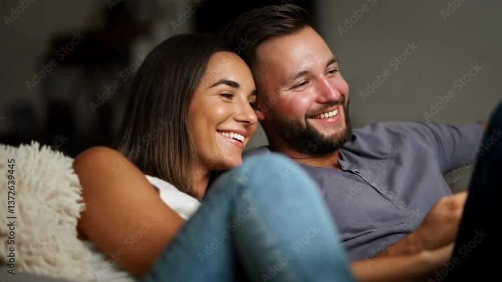 Happy couple watching tv covered by blanket on sofa Happy couple watching tv covered by blanket on sofa